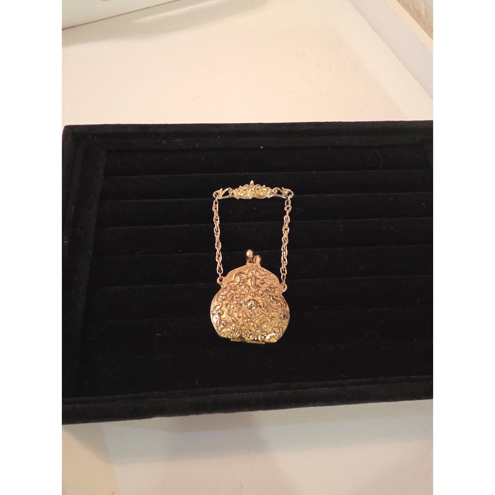 Vintage Chatelaine Brooch Gold Tone Ornate Miniature Purse Pendant Locket Pin